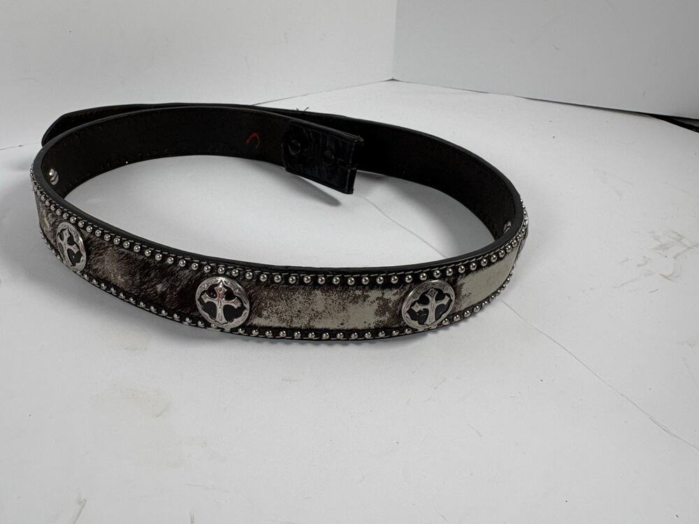 3D Hair On Hide Western Concho Belt 34 Hand Tooled Leather Cross USA